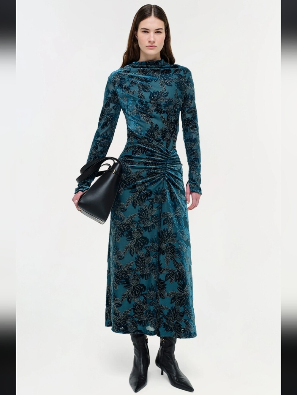 Simkhai Ferrera Floral Velvet Draped Ruched Blue Metallic Midi Dress Size Medium